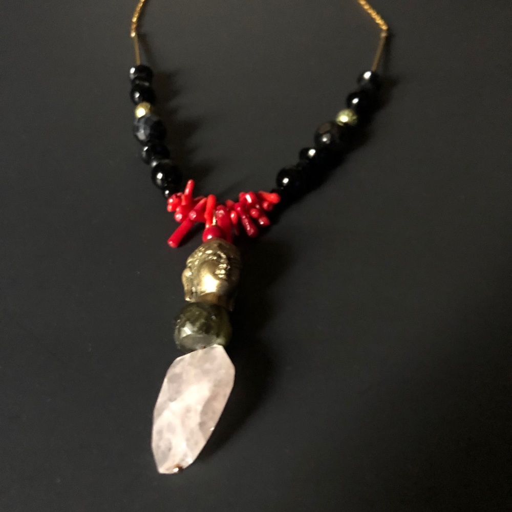 Rose Quartz, Onyx, Coral Necklace